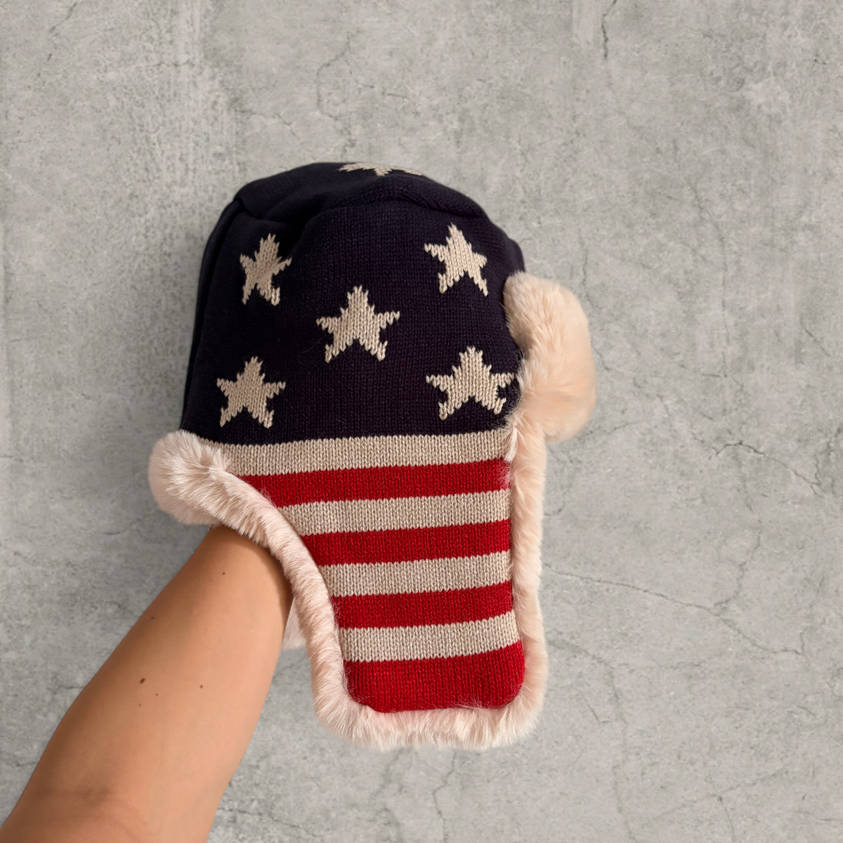 Russian ushanka hat in red, blue, white USA flag with cream faux fur