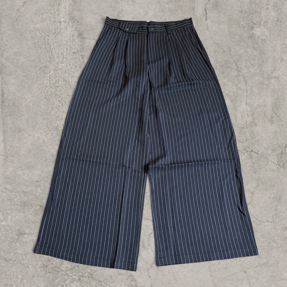 Wide-leg pinstriped tailored trousers in grey with white pinstripe