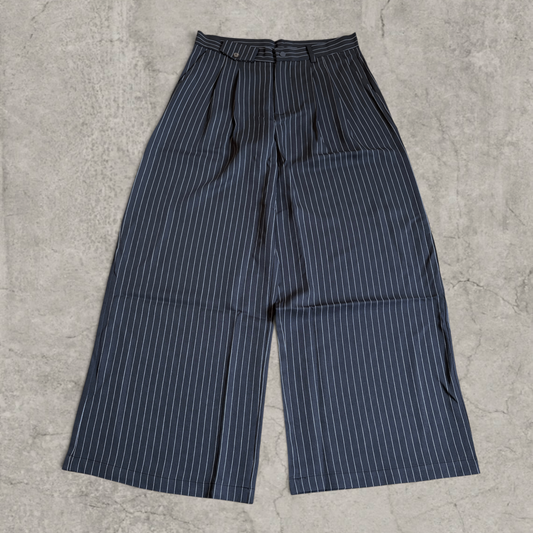 Wide-leg pinstriped tailored trousers in grey with white pinstripe