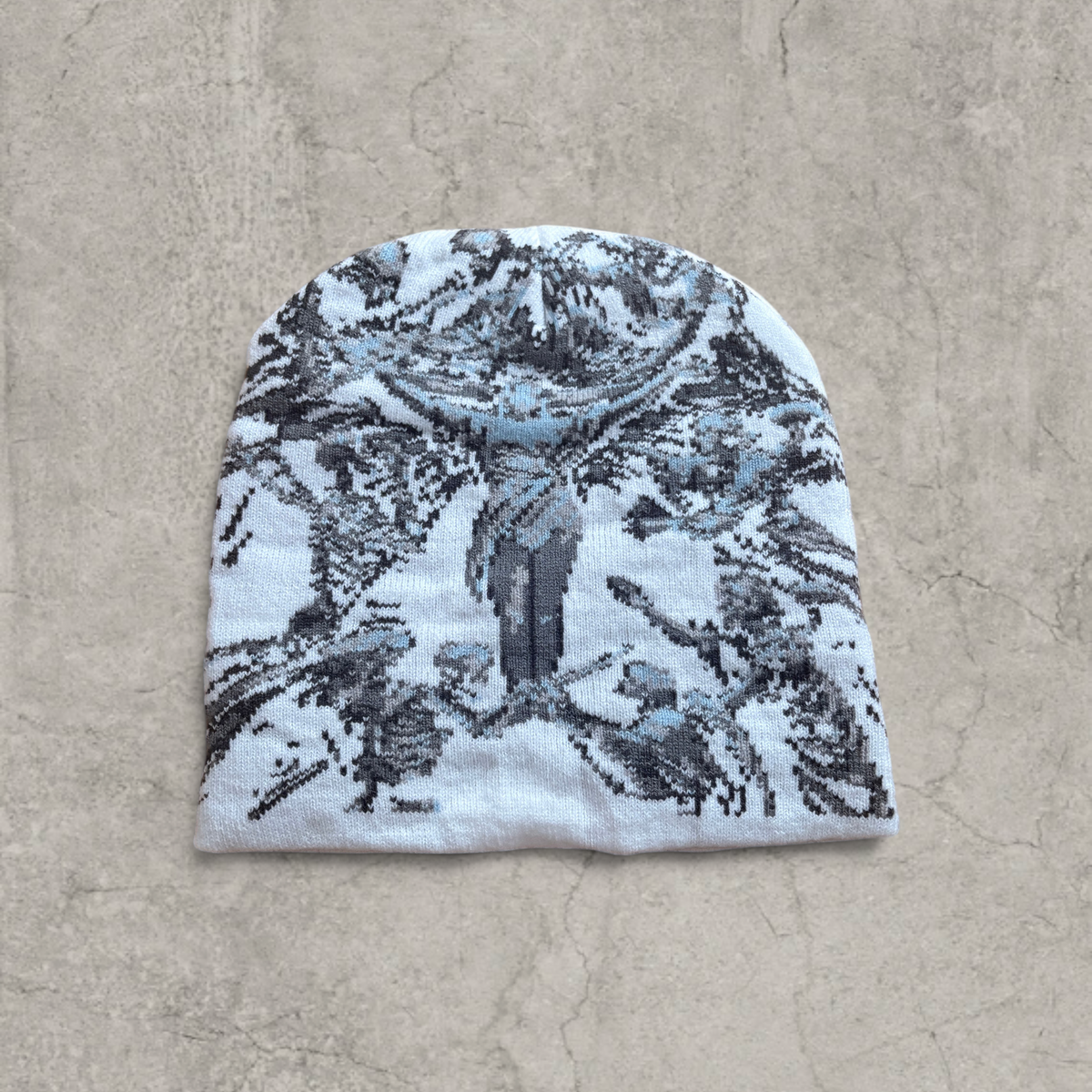 Japanese knit beanie hat in white/grey with swirl print