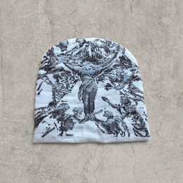Japanese knit beanie hat in white/grey with swirl print