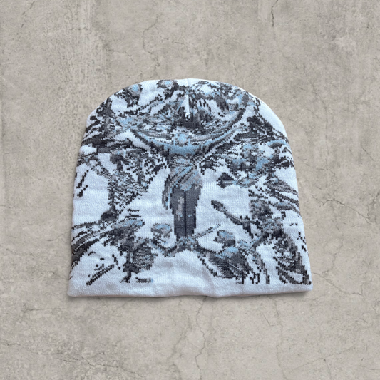 Japanese knit beanie hat in white/grey with swirl print