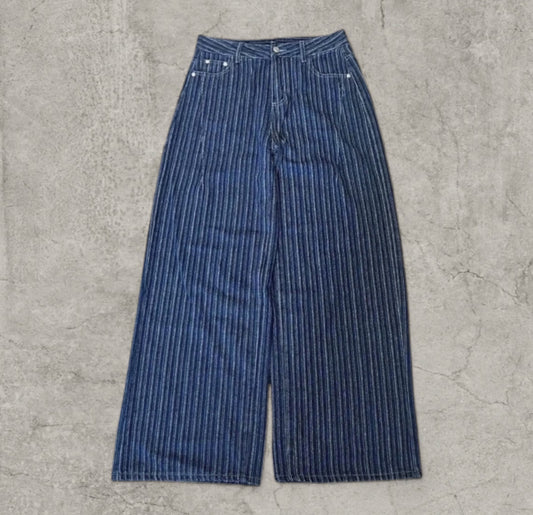 Baggy relaxed fit jeans in navy blue with white pinstripe