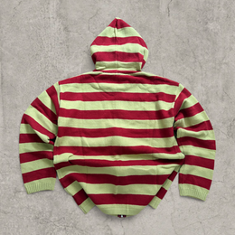 Baggy boxy Korean zip-up hoodie jumper in green/red striped print.