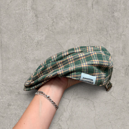 Plaid flat peak beret cap adjustable buckle in green