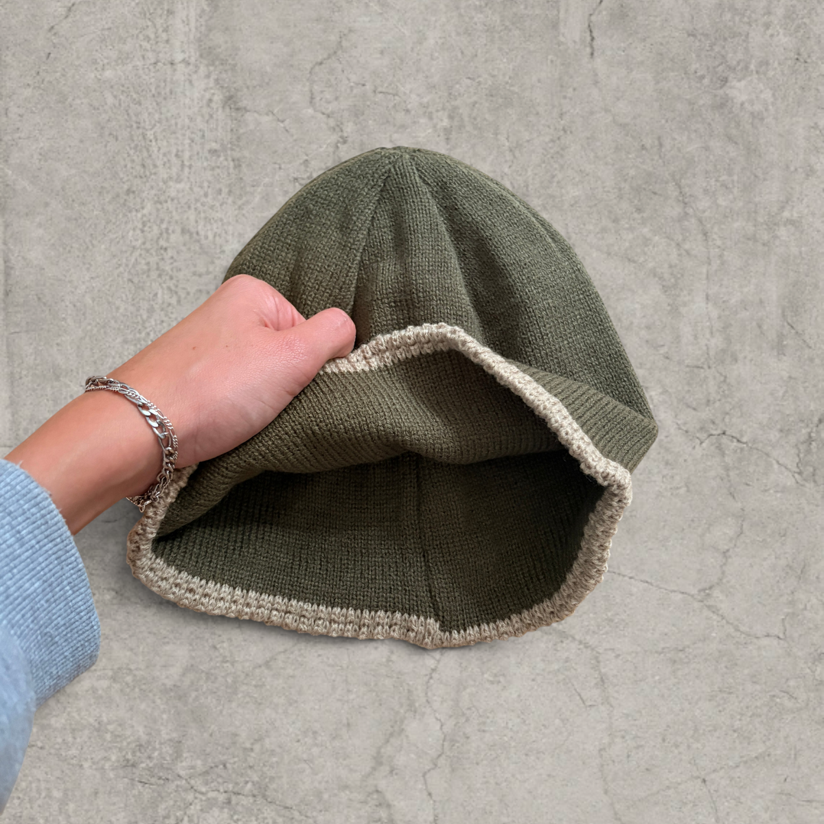 Japanese knit beanie hat in khaki green
