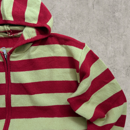 Baggy boxy Korean zip-up hoodie jumper in green/red striped print.