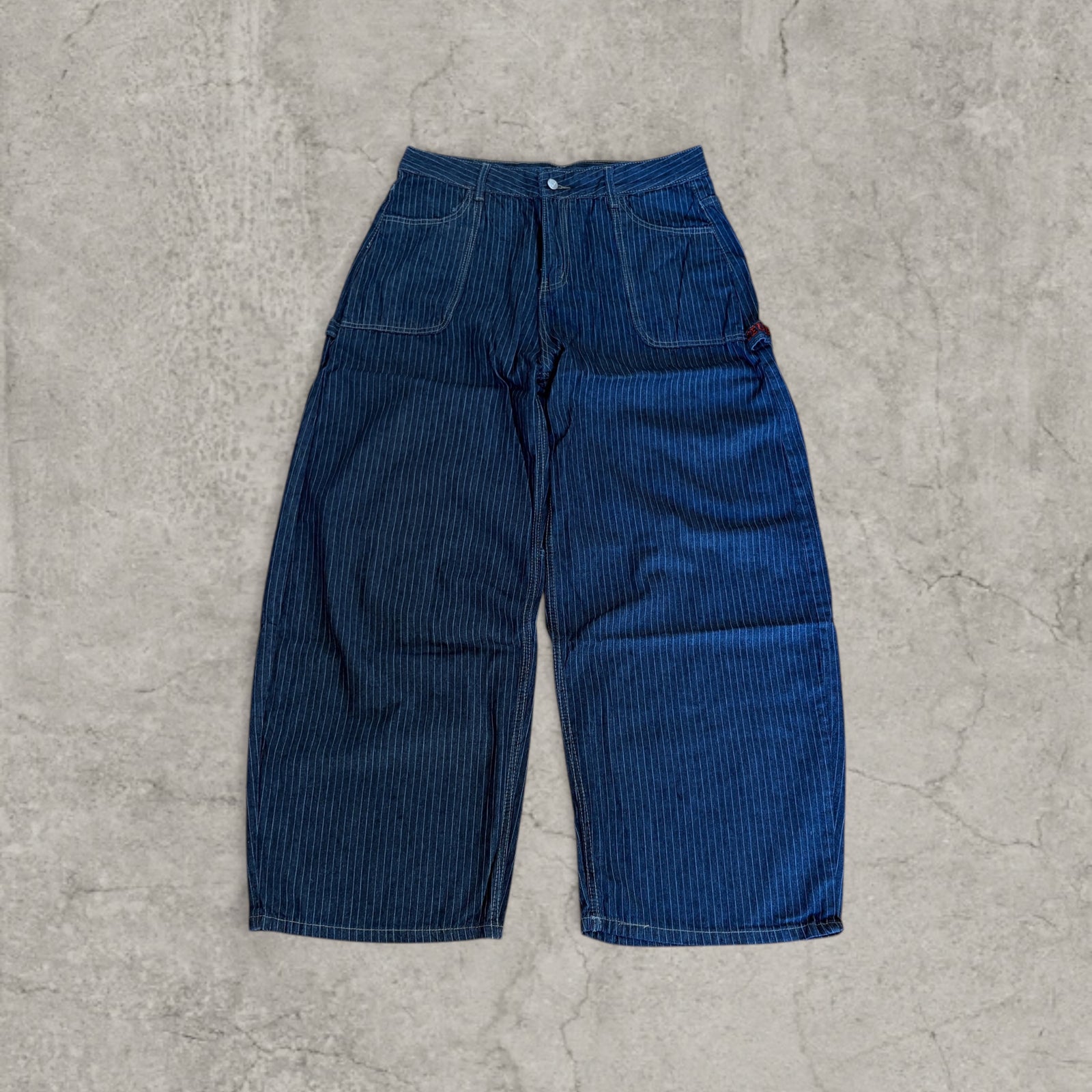 Wide leg skater jeans pinstripe detailing in washed navy blue