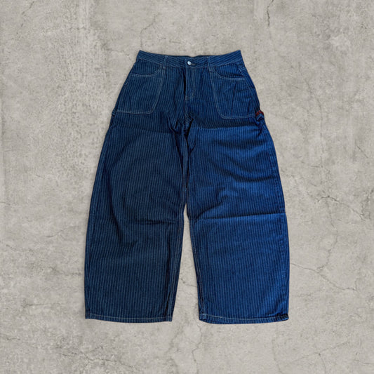 Wide leg skater jeans pinstripe detailing in washed navy blue