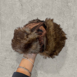 Russian ushanka hat in brown camo tree print with faux fur.