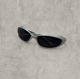 Wrap-around UV400 sunglasses in silver, black lenses one size