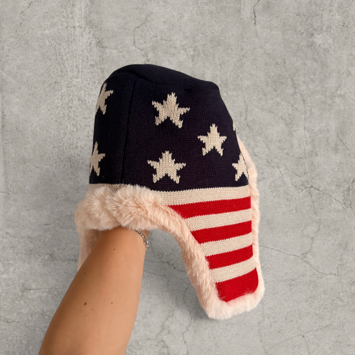 Russian ushanka hat in red, blue, white USA flag with cream faux fur