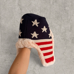 Russian ushanka hat in red, blue, white USA flag with cream faux fur