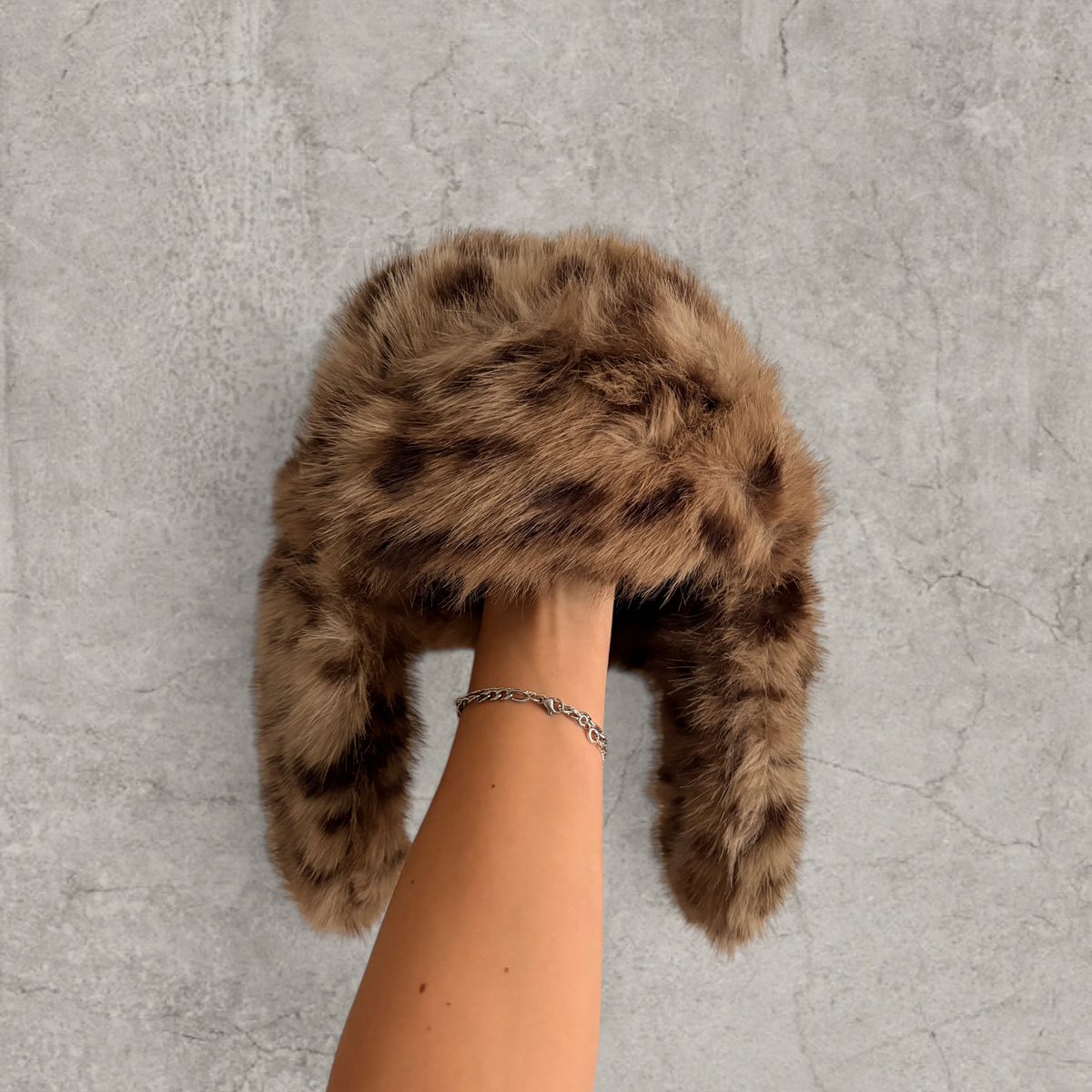 Russian ushanka hat in brown beige leopard print faux fur