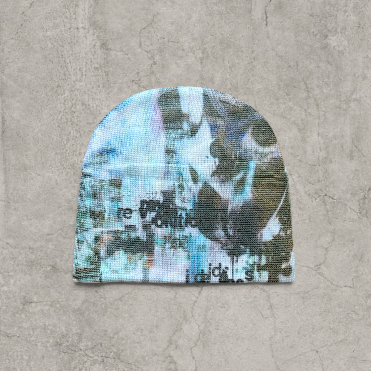 Japanese knit beanie hat in white/grey with graffiti print.