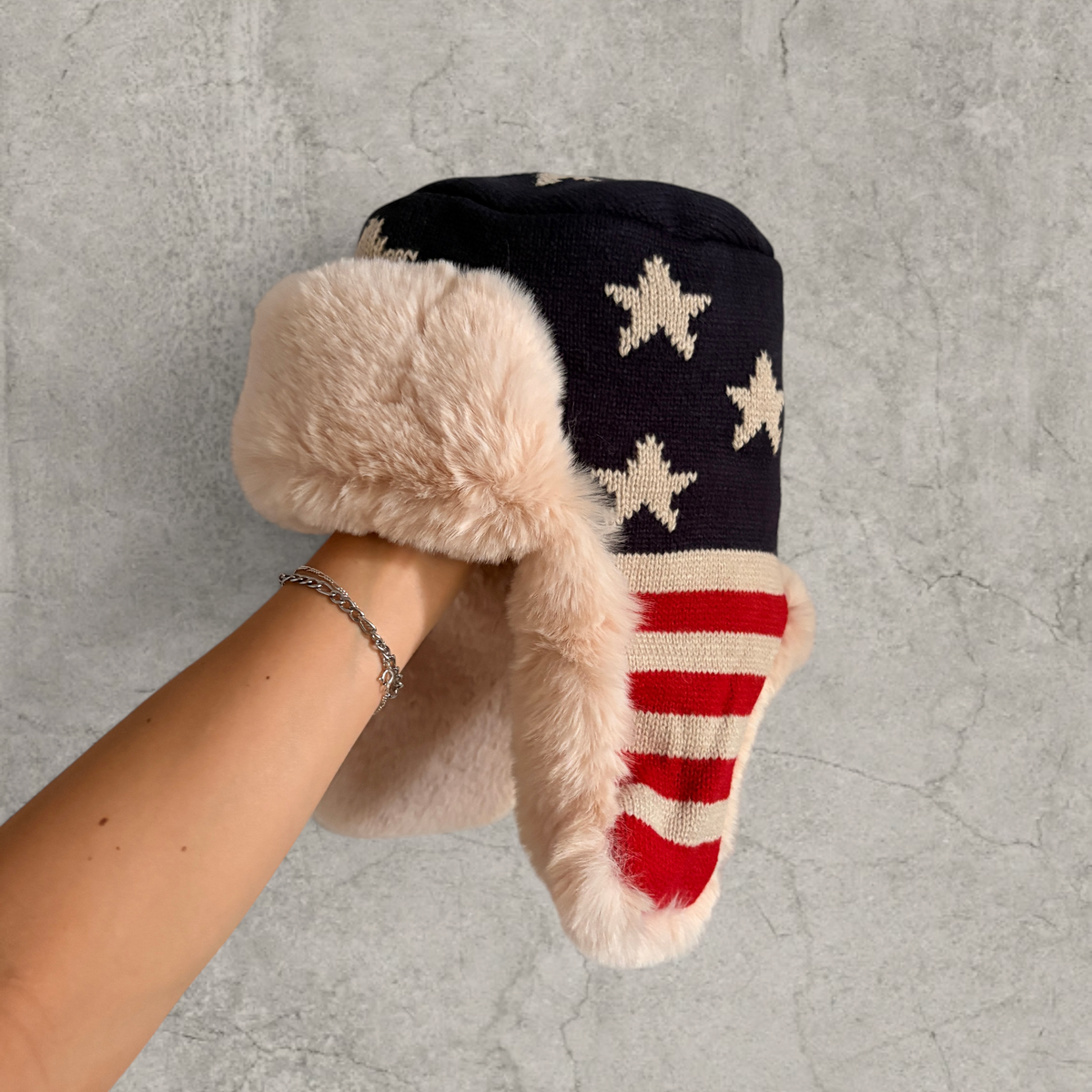 Russian ushanka hat in red, blue, white USA flag with cream faux fur