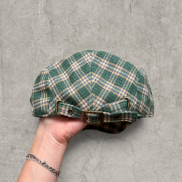 Plaid flat peak beret cap adjustable buckle in green