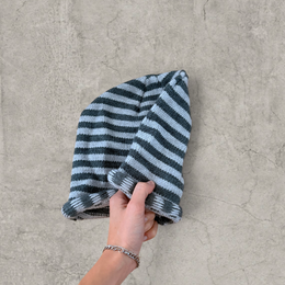Striped knit beanie hat in black and grey