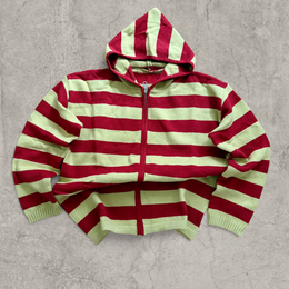 Baggy boxy Korean zip-up hoodie jumper in green/red striped print.