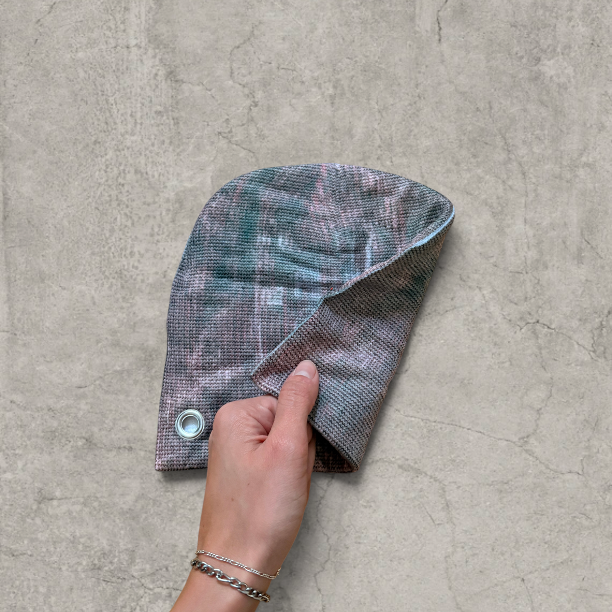 Japanese knit beanie hat in brown/purple with graffiti print.