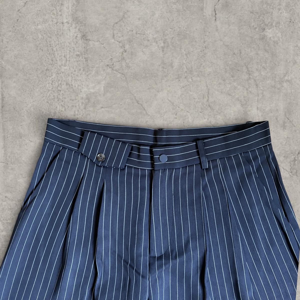 Wide-leg pinstriped tailored trousers in grey with white pinstripe
