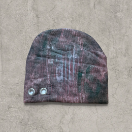 Japanese knit beanie hat in brown/purple with graffiti print.