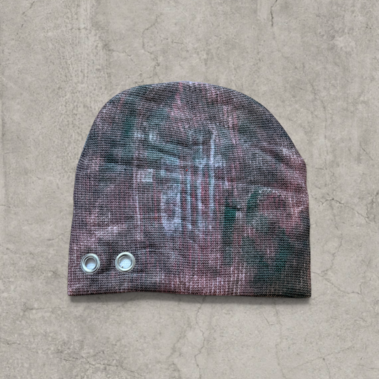 Japanese knit beanie hat in brown/purple with graffiti print.