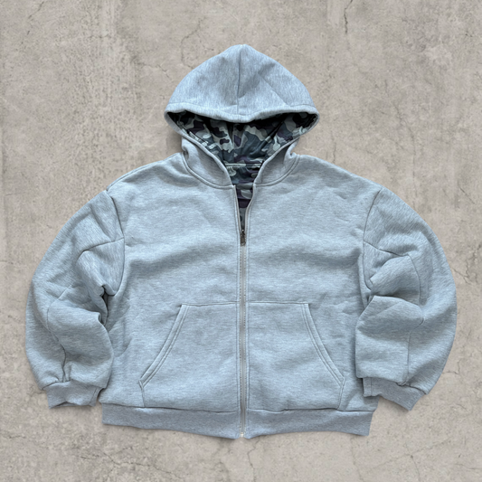 Baggy boxy Korean zip-up hoodie jumper in grey camo print