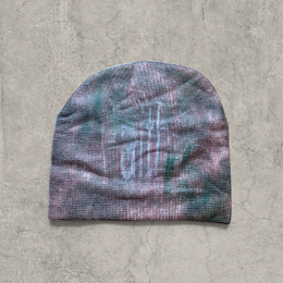 Japanese knit beanie hat in brown/purple with graffiti print.