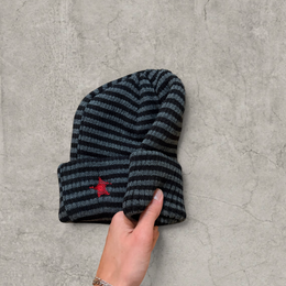 Striped knit beanie hat in black and grey