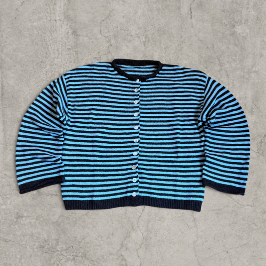 Baggy boxy Korean zip-up cardigan jumper in blue/brown striped print.