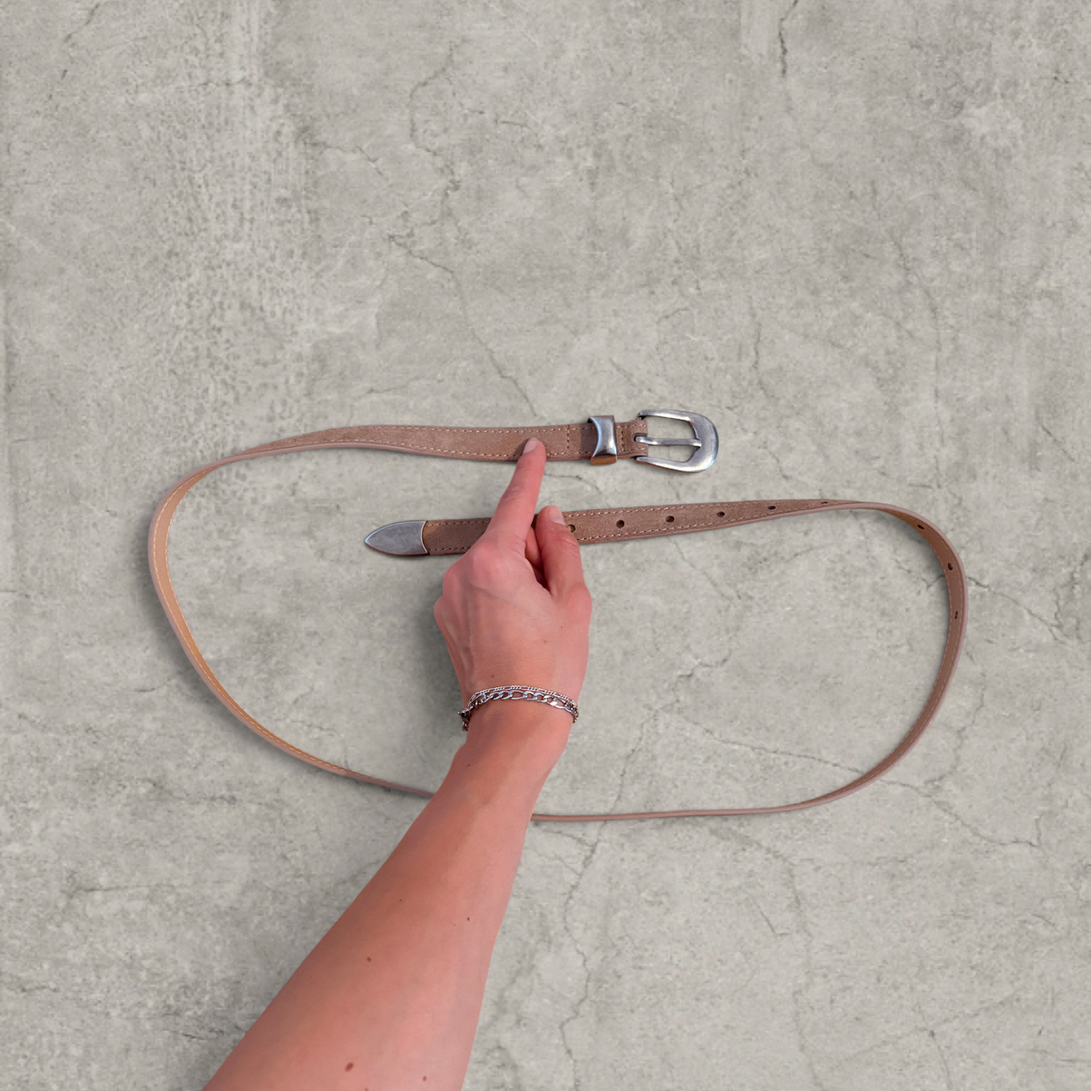 Smart tailored formal belt in beige with silver trim.
