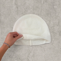 Japanese knit beanie hat in cream/white fluff