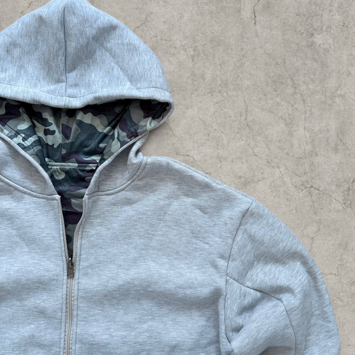 Baggy boxy Korean zip-up hoodie jumper in grey camo print