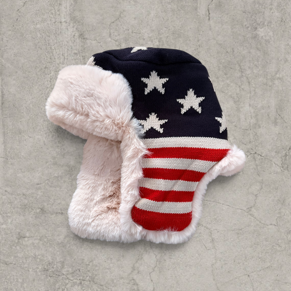 Russian ushanka hat in red, blue, white USA flag with cream faux fur