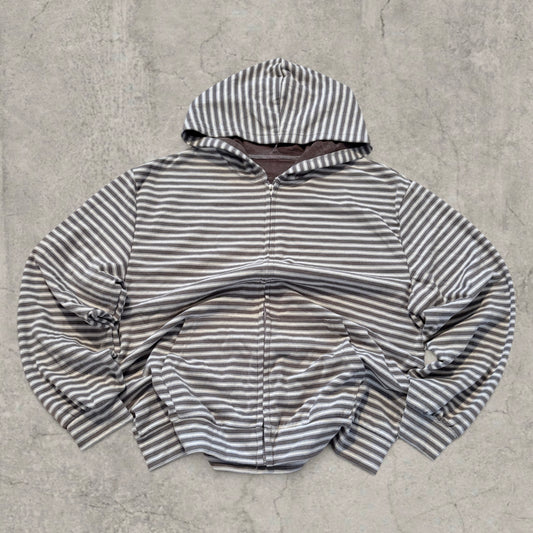 Baggy boxy Korean zip-up hoodie jumper in grey striped print.