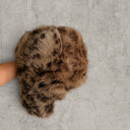 Russian ushanka hat in brown beige leopard print faux fur
