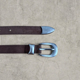 Smart tailored formal belt in brown with silver trim.
