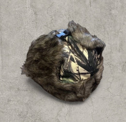 Russian ushanka hat in khaki camo tree print with faux fur.