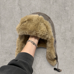 Russian ushanka hat in grey  with beige faux fur.
