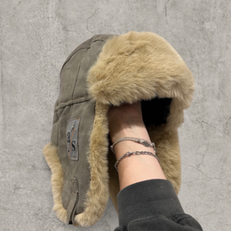 Russian ushanka hat in grey  with beige faux fur.
