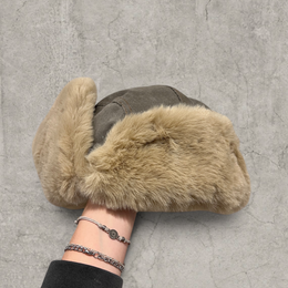 Russian ushanka hat in grey  with beige faux fur.