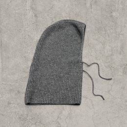 Grey knitted hooded snood scarf bonnet hat with drawstring.