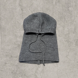 Grey knitted hooded snood scarf bonnet hat with drawstring.