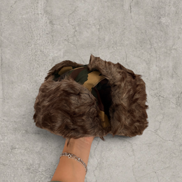 Russian ushanka hat in khaki camo print with faux fur.