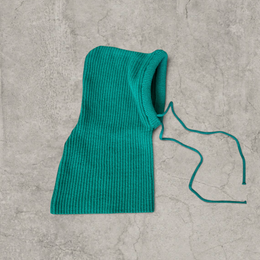 Knitted hooded snood scarf bonnet hat with drawstring in Green.