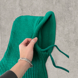Knitted hooded snood scarf bonnet hat with drawstring in Green.