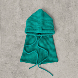 Knitted hooded snood scarf bonnet hat with drawstring in Green.