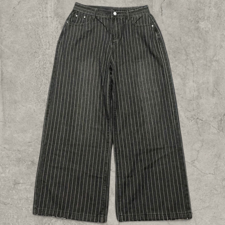 Insane baggy relaxed fit jeans in washed black with white pinstripe.