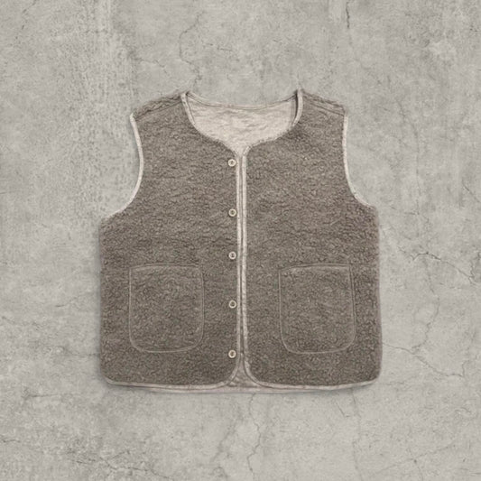 Beige grey sherpa-style waistcoat with button-up front and two large front patch pockets
